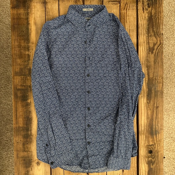 Express Other - Express Mens Fitted Navy Blue White Floral Micro Print Button Down Shirt Medium